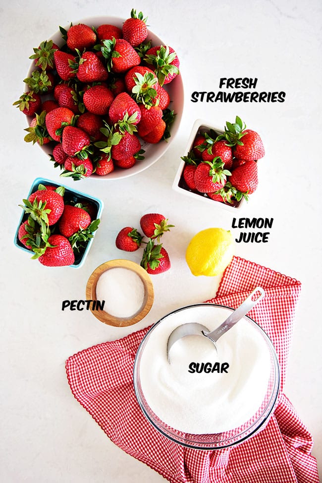 Ingredients for an easy frozen strawberry jam