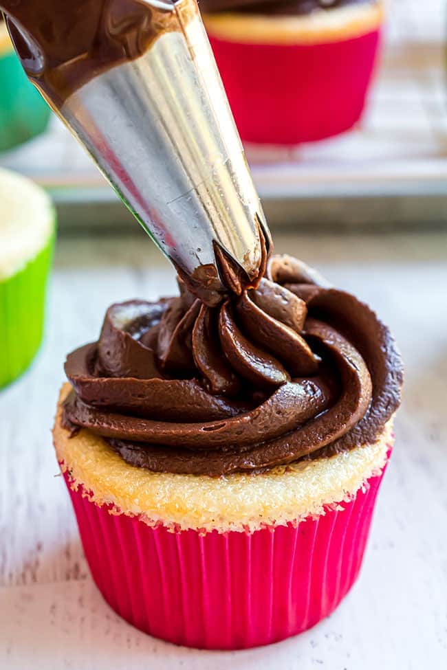 Easy Vanilla Bean Cupcakes with homemade chocolate buttercream