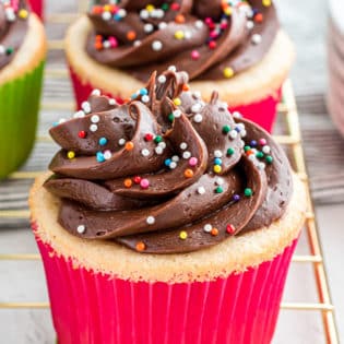 Easy Vanilla Cupcakes from scratch with chocolate frosting and sprinkles