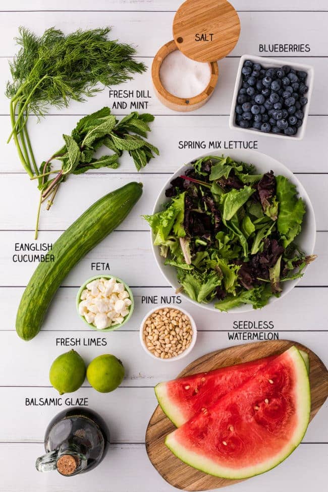 watermelon salad ingredients on a counter