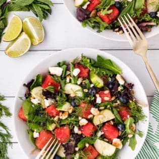 Two bowls of fresh watermelon salad