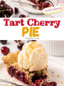 Cherry pie with ice cream and crumb topping on a white plate