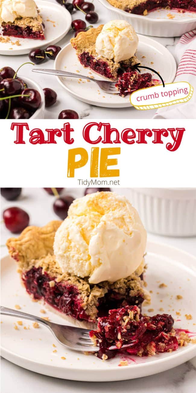 Cherry pie with ice cream and crumb topping on a white plate