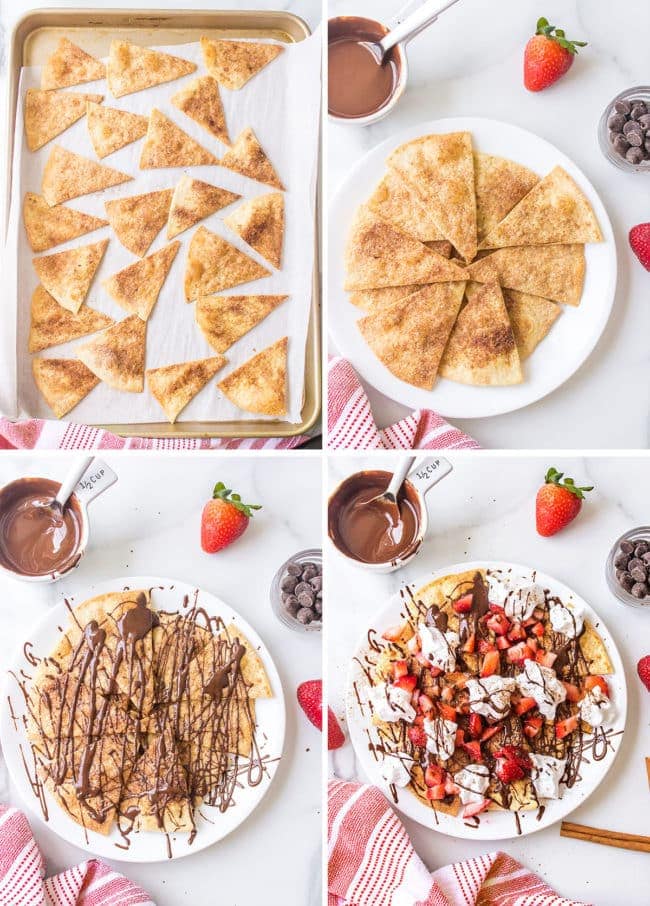 how to make dessert nachos with baked cinnamon sugar tortilla chips photo collage
