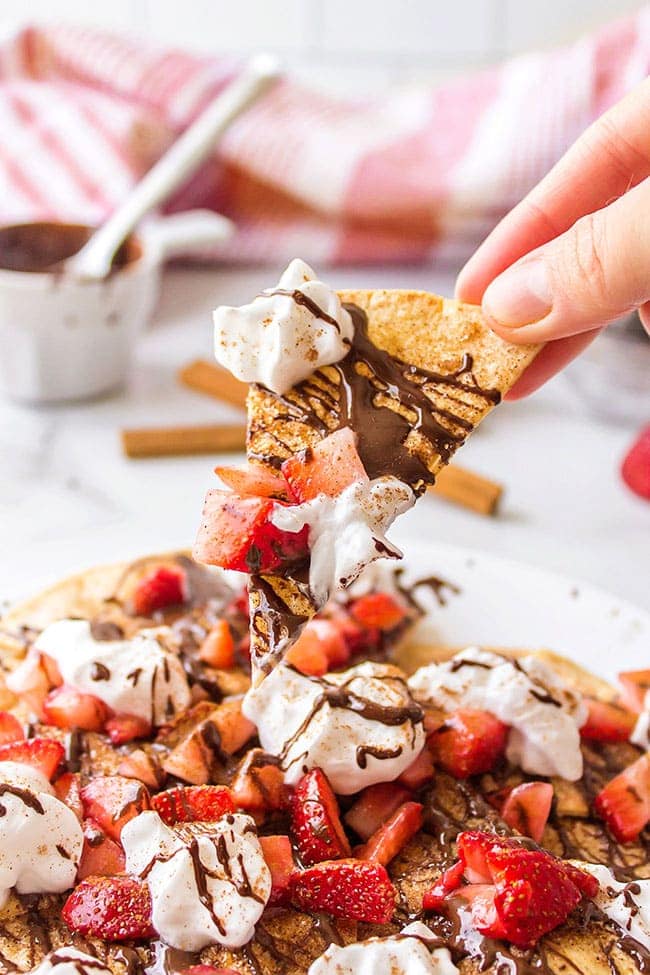 Chocolate Dessert Nachos with fresh strawberries and homemade baked cinnamon tortilla chips