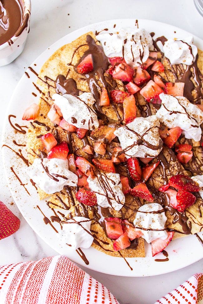 Chocolate Dessert Nachos with homemade baked cinnamon tortilla chips