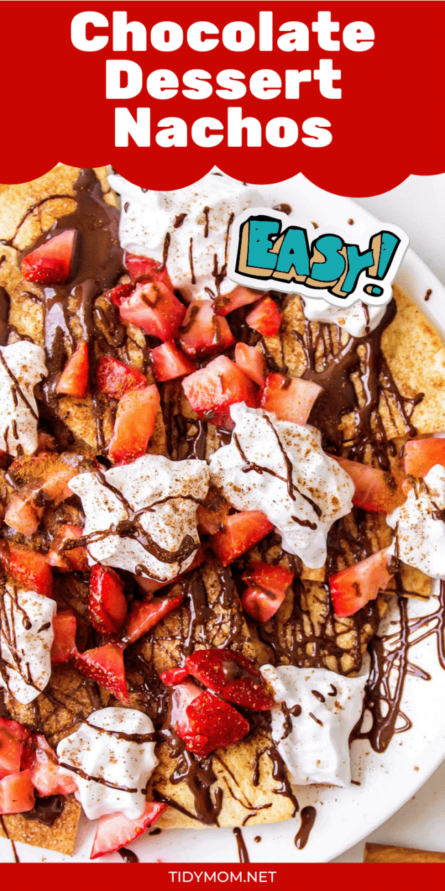 Strawberry and Chocolate Dessert Nachos with homemade cinnamon tortilla chips