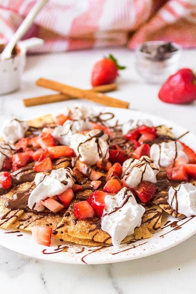 Dessert Nachos on a white plate