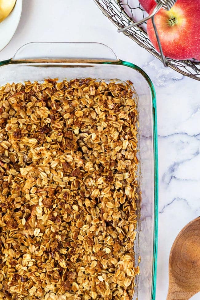 Easy apple crisp in a glass baking dish