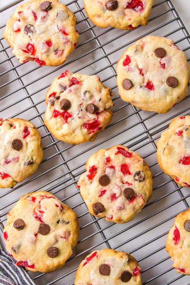 Cherry Chocolate Chip Cookies on a cooling rack