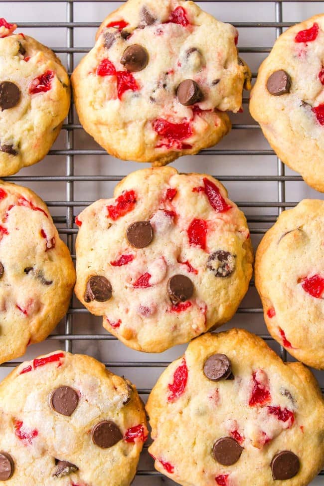 Cherry Garcia cookies on a cooling rack