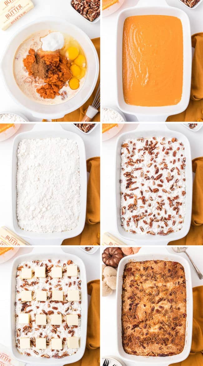 how to make a pumpkin dump cake recipe photo collage