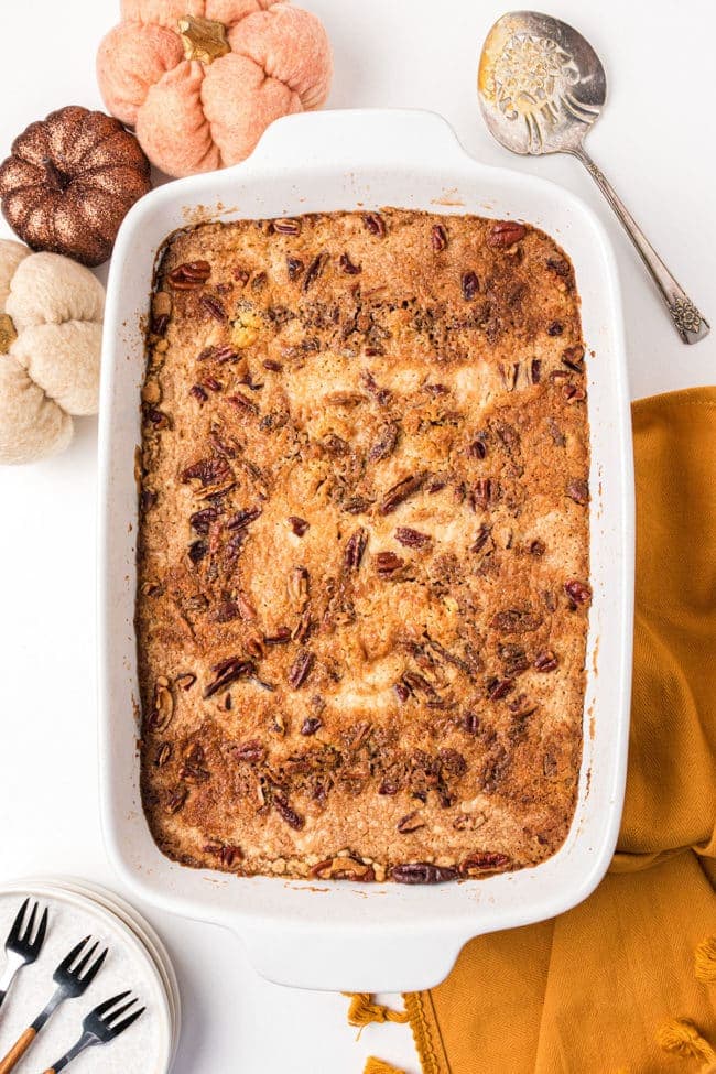 Easy Pumpkin Dump Cake in a white baking dish