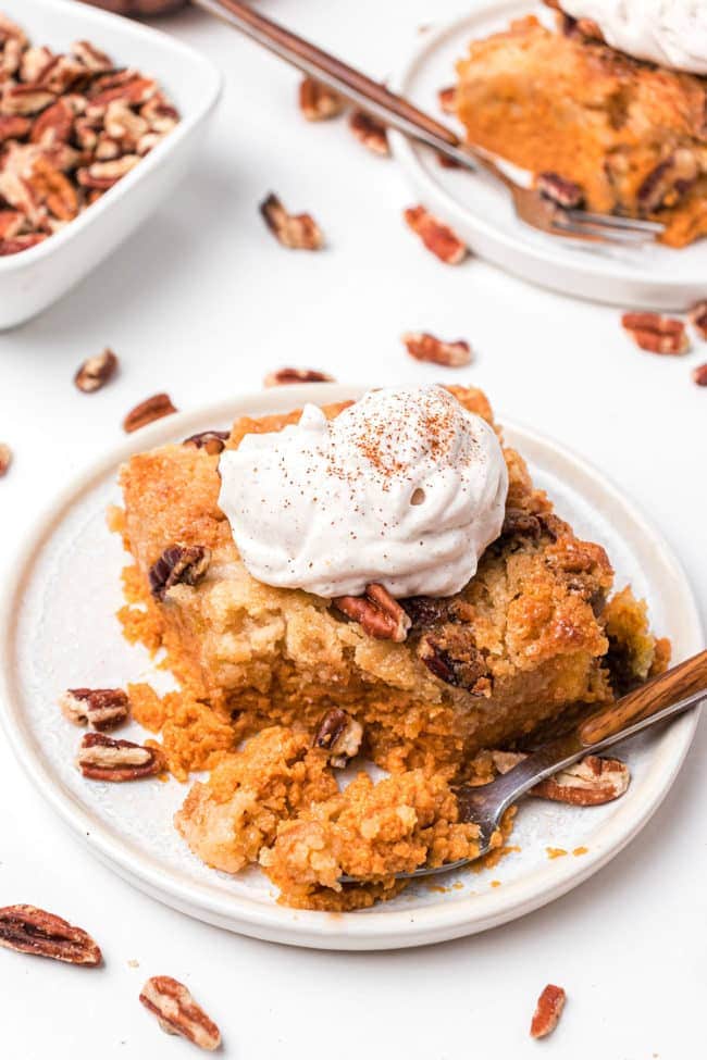 Dump cake with yellow cake mix and pumpkin on a white plate