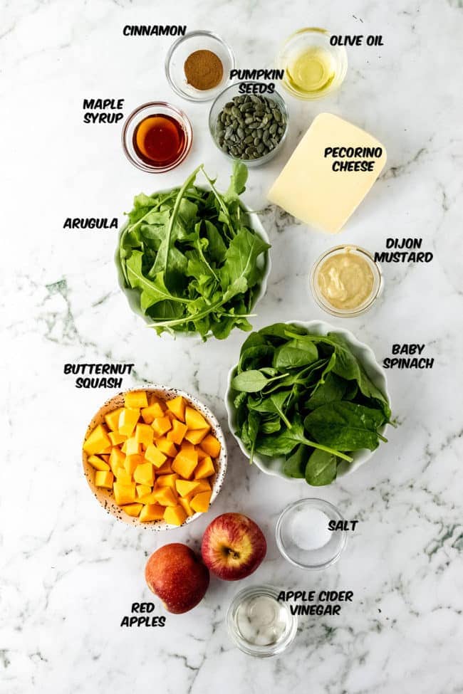 ingredients for a fall salad recipe with homemade maple dijon dressing