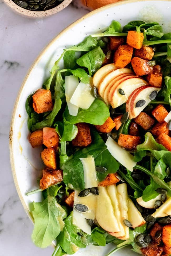 Fall Salad with Butternut Squash, apples, pumpkin seeds.