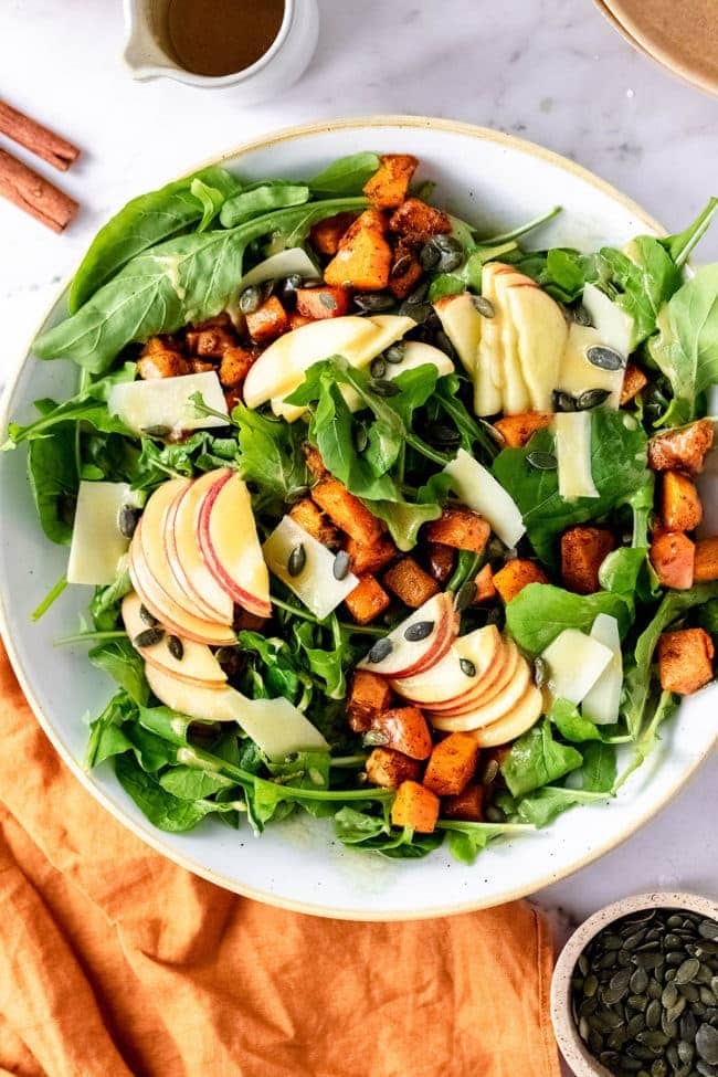 Fall Salad with Butternut Squash, apples, pumpkin seeds and maple dijon dressing