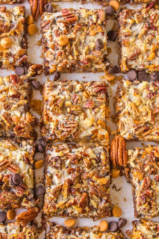 Hello Dolly 7-layer bars sliced into servings