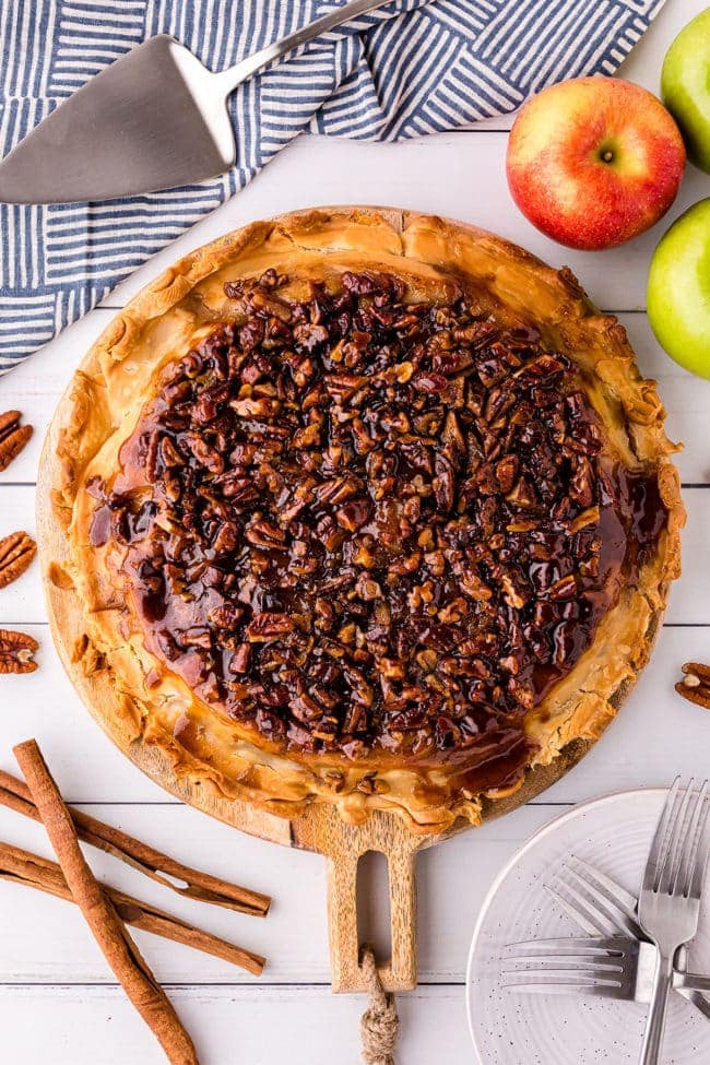 Apple Upside-Down Pie with sticky pecan topping