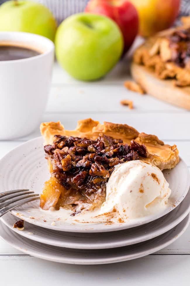 Apple Upside-Down Pie with a scoop of vanilla ice cream