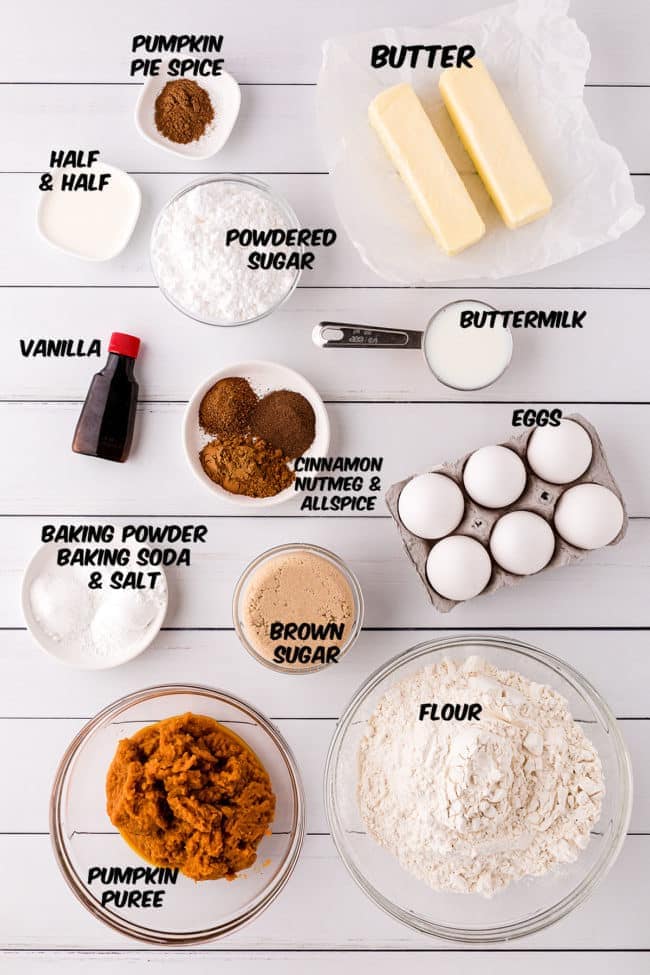 ingredients for glazed pumpkin doughnut muffins