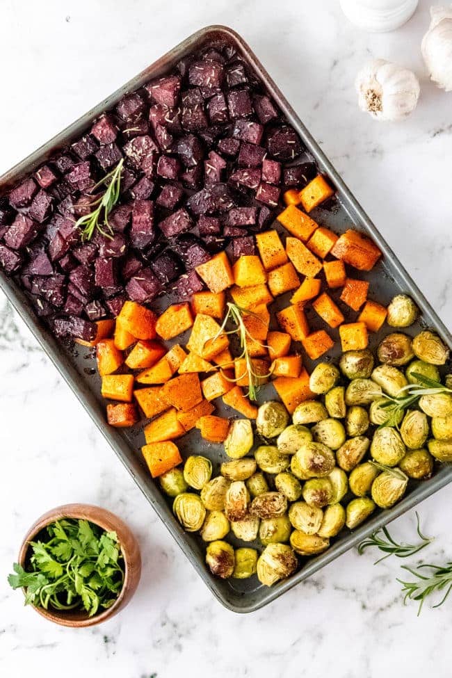 roasted Fall vegetables on a baking sheet