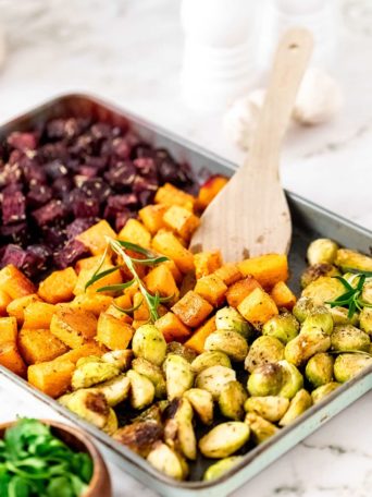 roasted Fall root vegetables on a pan