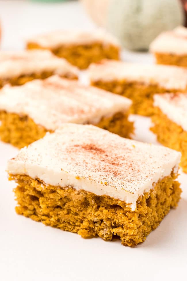 slices of Pumpkin Bars with browned butter frosting