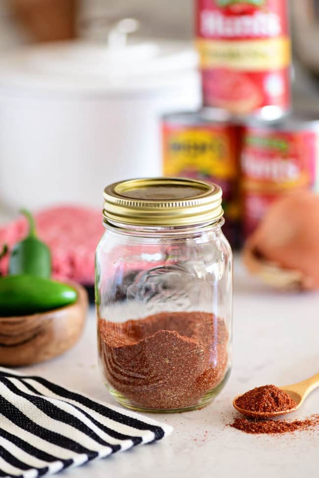 Homemade chili mix in a glass jar