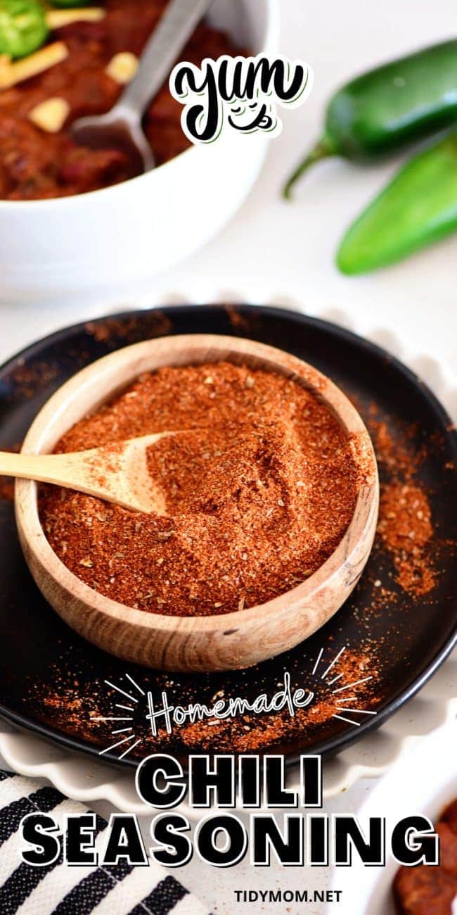 wood bowl with chili seasoning and a wooden spoon and bowl of chili