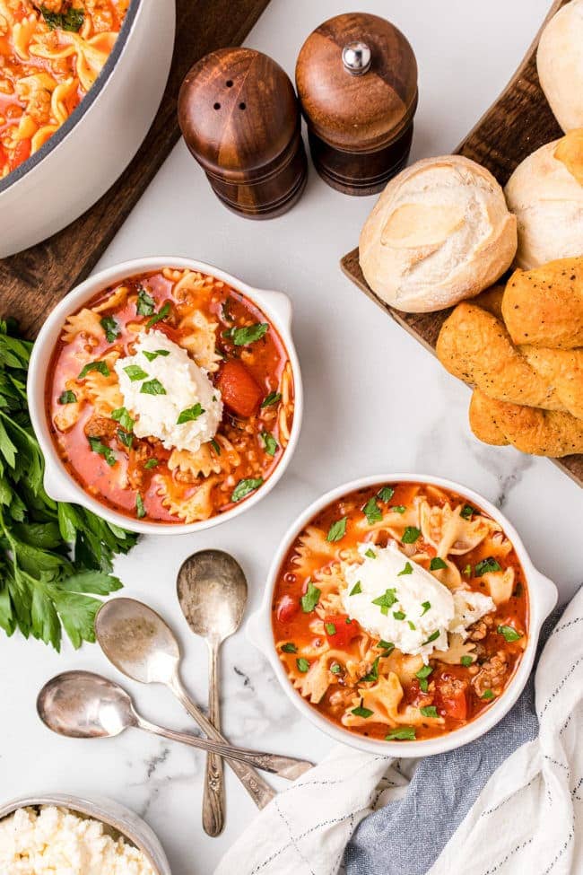 2 bowls of easy lasagna soup with Italian sausage