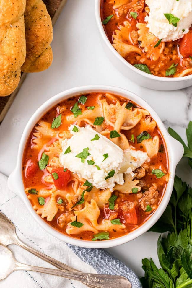 Homemade lasagna soup with cheese ton top