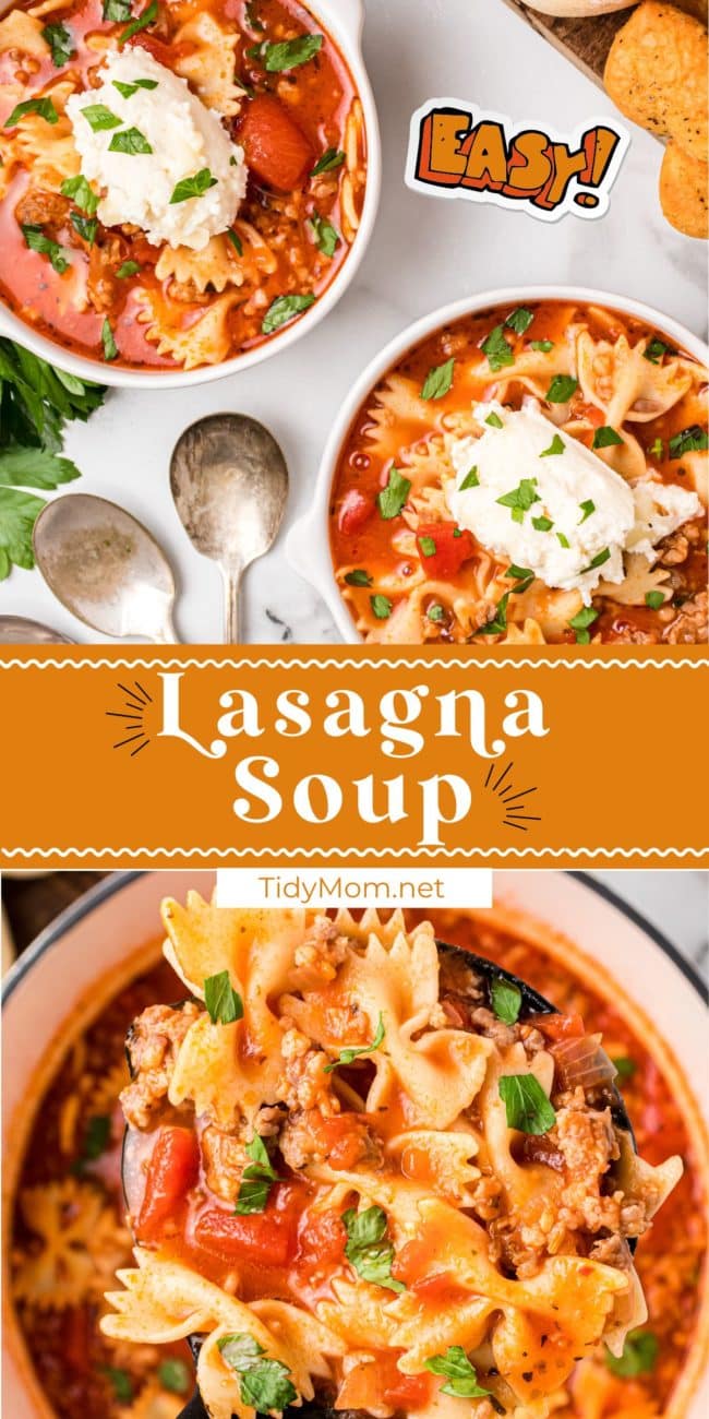 Homemade lasagna soup photo collage