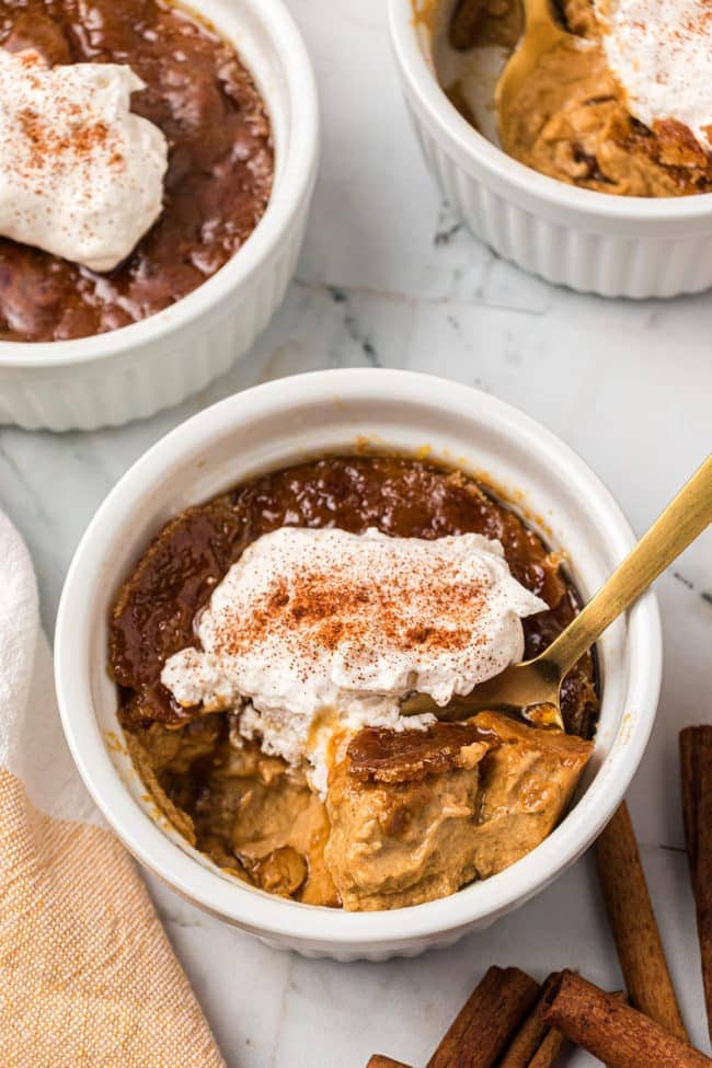 Pumpkin Crème Brûlée in a white ramekin