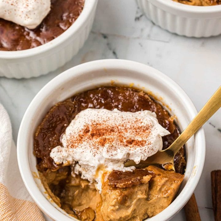 Pumpkin Crème Brûlée in a white ramekin