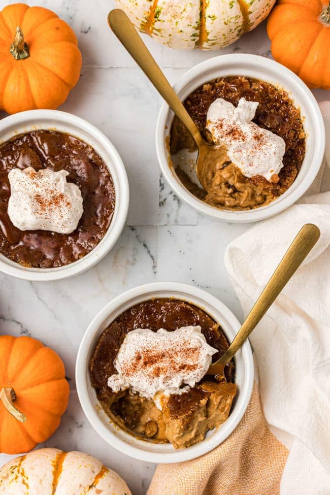 3 servings of Pumpkin Crème Brûlée with gold spoons