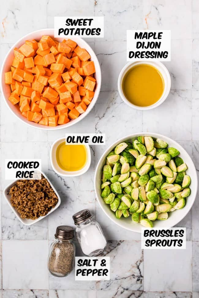 Ingredients to make Roasted Brussels Sprouts And Sweet Potatoes With Wild Rice