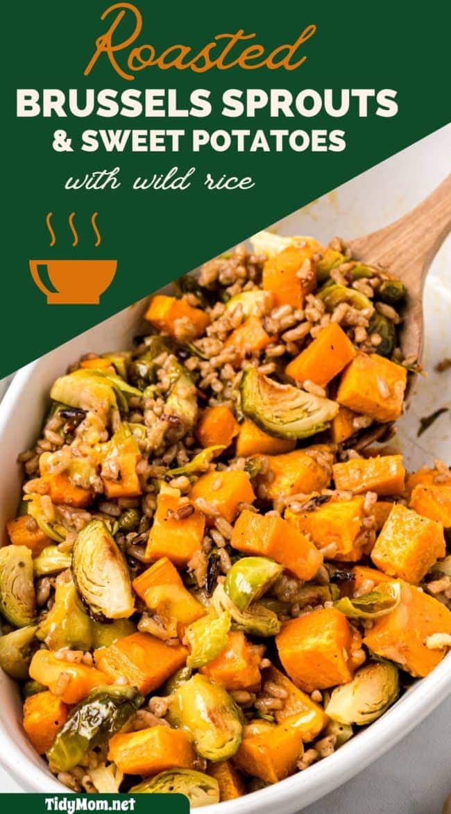 Roasted Brussels Sprouts And Sweet Potatoes With Wild Rice in a white dish
