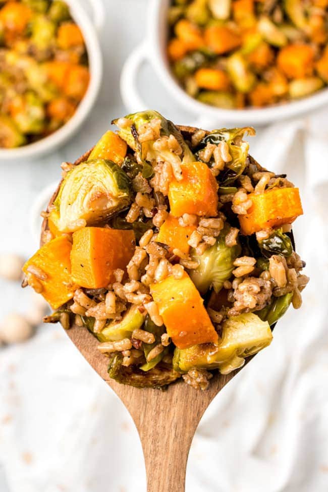 spoonful of Roasted Brussels Sprouts And Sweet Potatoes With Wild Rice
