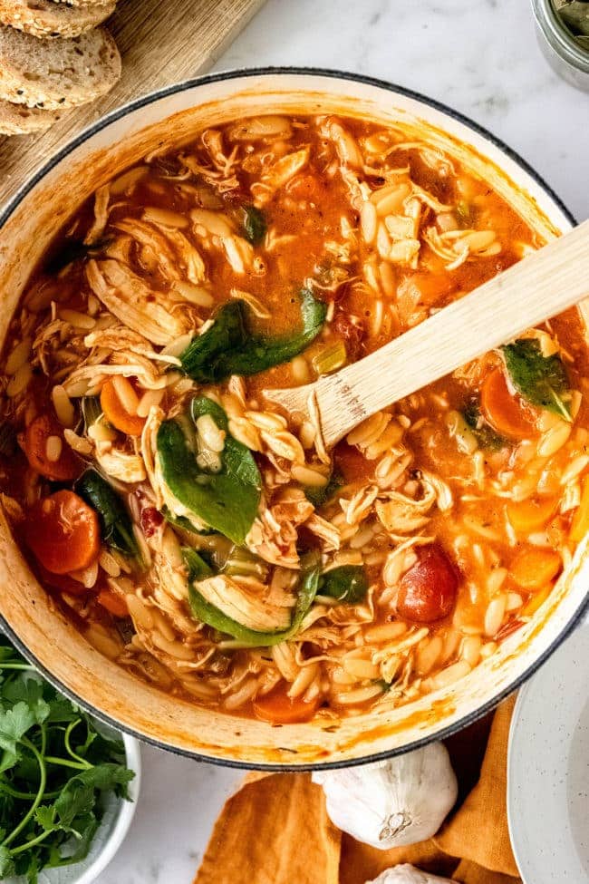 pot of turkey orzo soup in a large pot