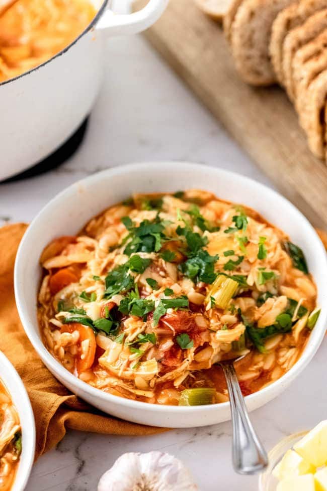 bowl of turkey soup with orzo