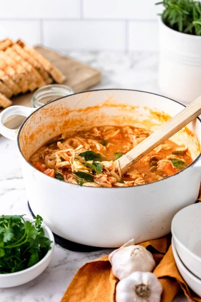 turkey soup in a white pot