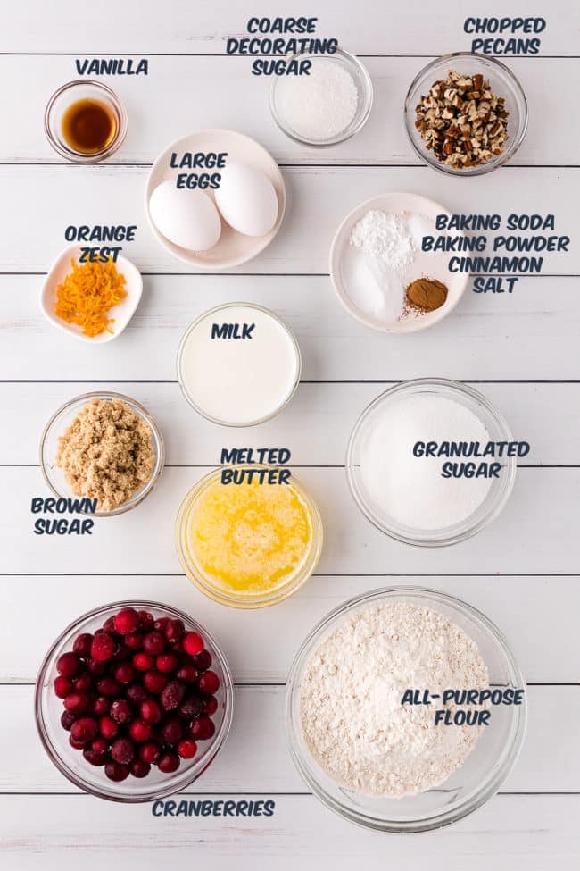 cranberry muffin ingredients on a counter in bowls