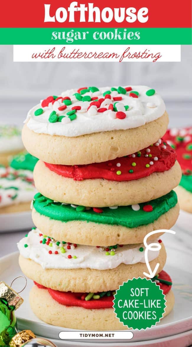 a stack of 5 frosted sugar cookies with crusting buttercream in red, green and white
