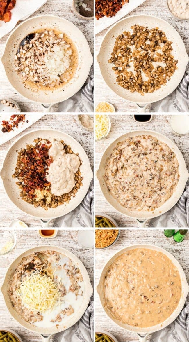 step by step how to make green bean casserole with bacon photo collage