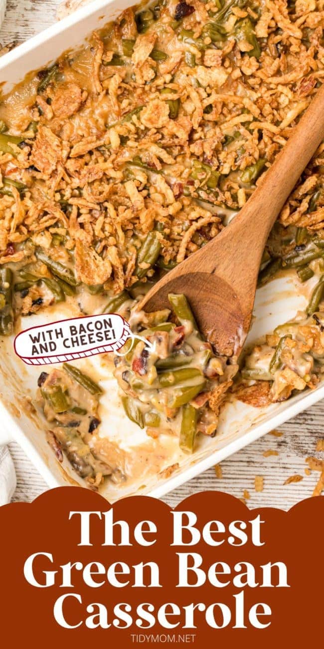 Green Bean Casserole with bacon in a pan
