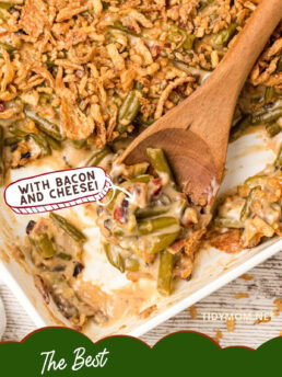 green beans with bacon and cheese in a casserole dish