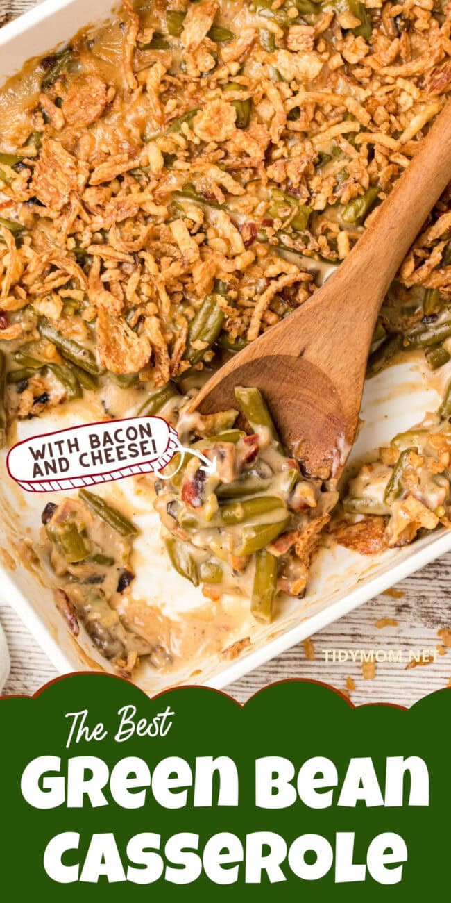 green beans with bacon and cheese in a casserole dish