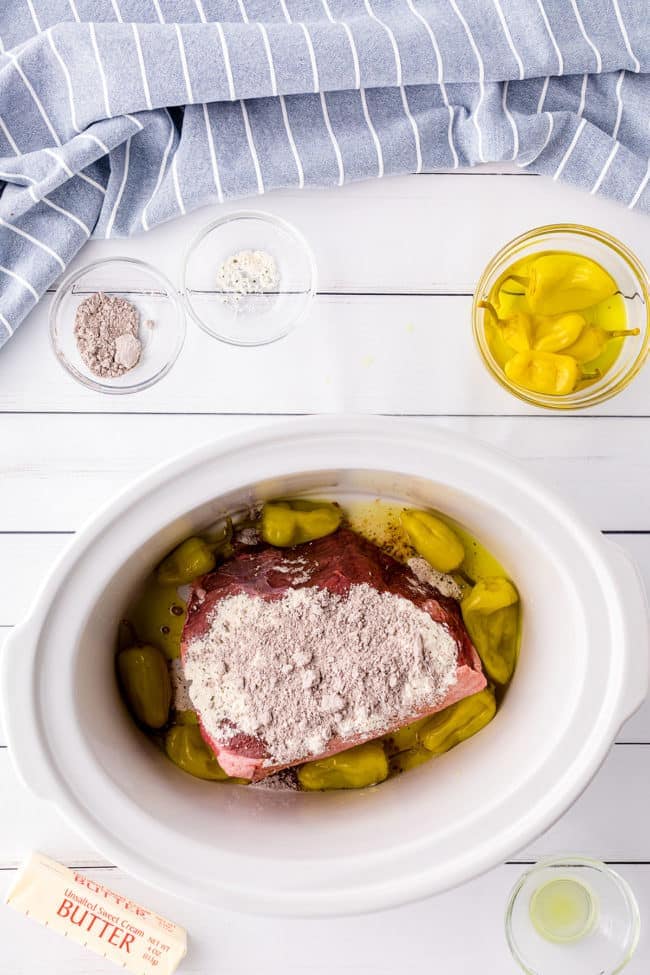 pot roast in a crockpot with pepperoncini