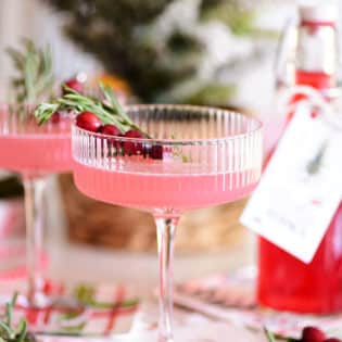 pretty pink cocktail in a coupe glass with cranberry and rosemary garnish
